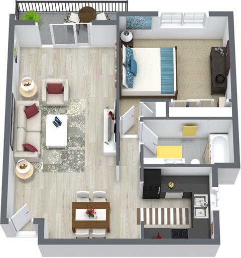 Floor plan for 1 bed, 1 bath, 727 sqft